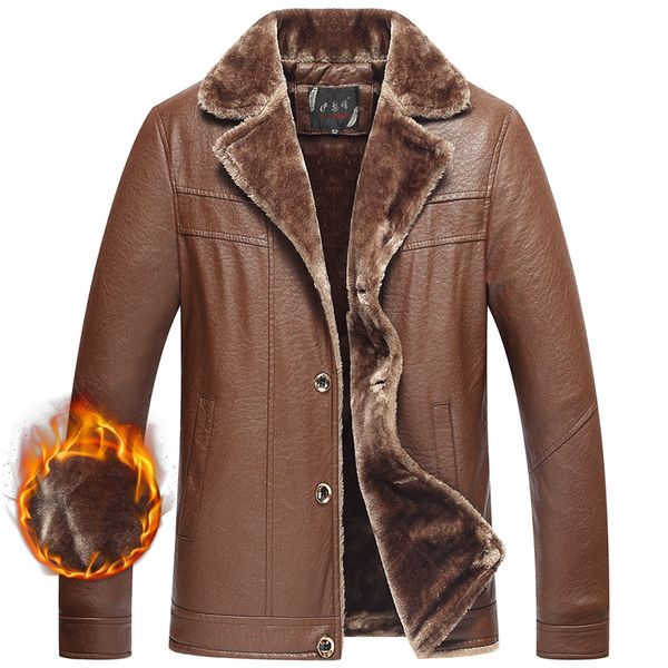 

pu leather fur jacket for men winter thick warm fleece male casual brand button windbreaker varsity outerwear parka classic coat, Black