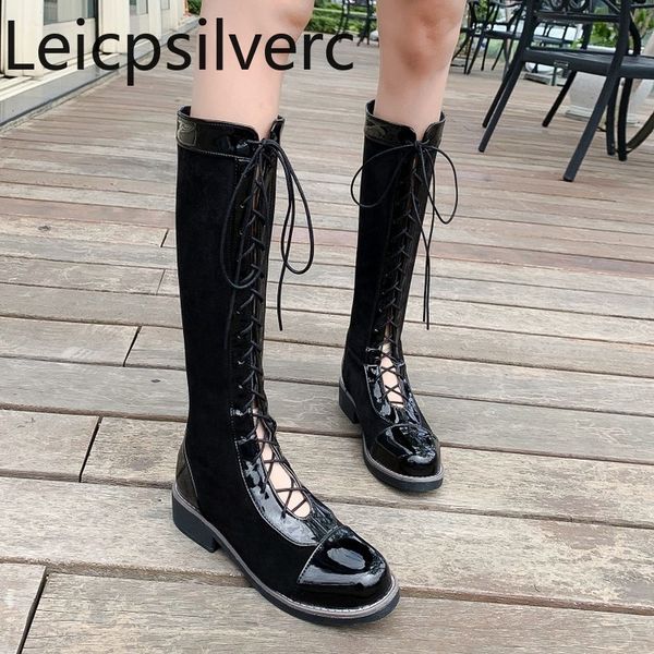 

women's boots the new winter fashion round head lace-up low-heeled high tube women's shoes plus size 33-43 heel height 3.5 black