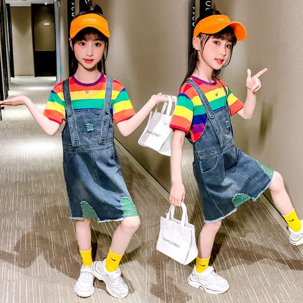 

summer girls clothing set 2020 children striped t shirt & strap dress 2pcs girls outfits casual teen kids clothes suit 3-13y, White