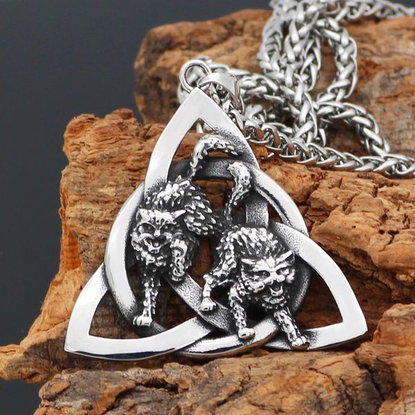 

norse viking trivetribal stainless steel cat necklace with valknut gift bag, Silver