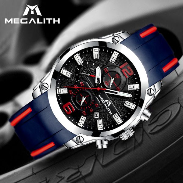

megalith sports watches men's quartz watch chronograph analog waterproof date silicone rubber strap watches men, Slivery;brown