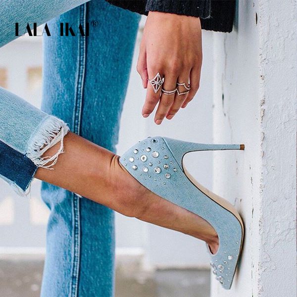 

lala ikai ladies rhinestones blue shoes denim slip-on thin heel office party pumps pointed toe high heels 014c1859 -49, Black