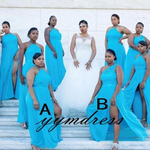 

plus size bridesmaid dresses 2020 african maid of the bride evening gowns formal occasion wear split chiffon lace, White;pink