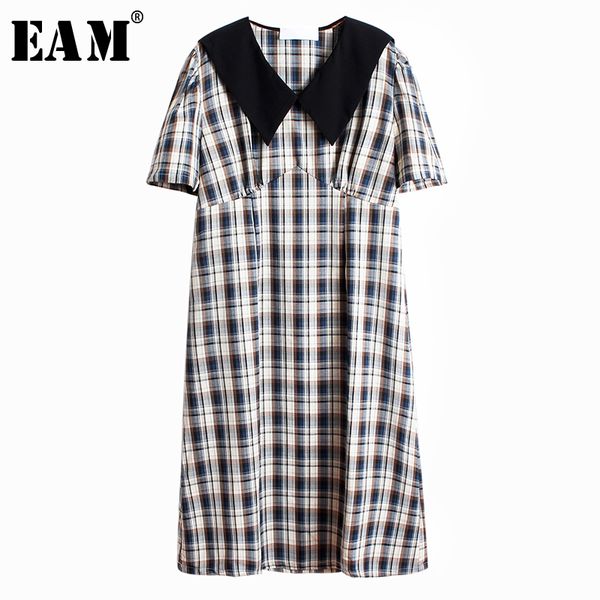 

eam] women blue plaid printed temperament midi dress new short puff sleeve loose fit fashion tide spring summer 2020 1w355, Black;gray