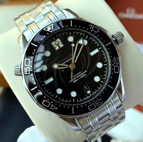 

2020 sliver case co-axial master automatic mechanical movement black ceramic bezel dial diver 300m 007 james bond men watch sea wristwatches, Slivery;brown