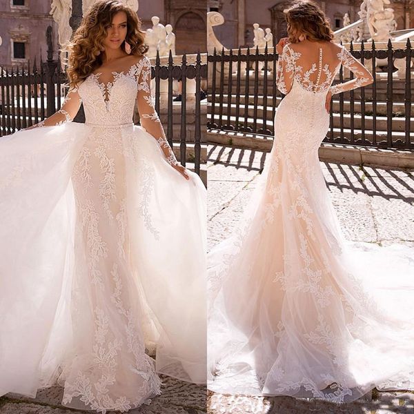 Abiti da sposa sexy a sirena in pizzo con collo trasparente e maniche lunghe, abiti da sposa con gonna staccabile, abiti da sera