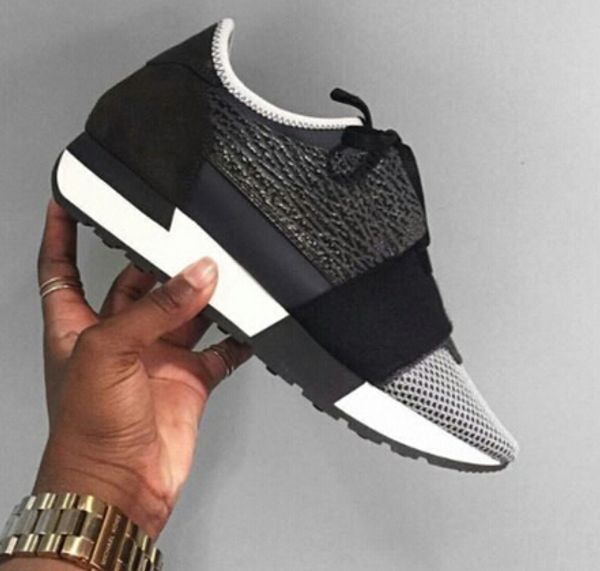 

new black leather fabric sneakers designer low women shoes casual kanye west style race runner mesh breathable flats 8902