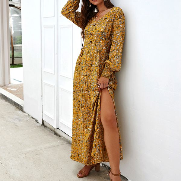 

women long dress floral print summer maxi bohemian beach dress elegant party long sleeve office shirt vestidos longo, Black;gray