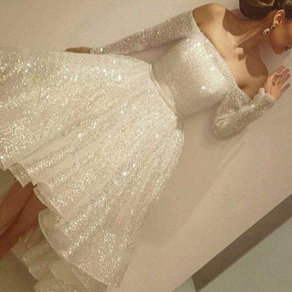 

2019 New Simple White пришивания Украшенные с плеча Длинные рукава платья партии сшитое Пл