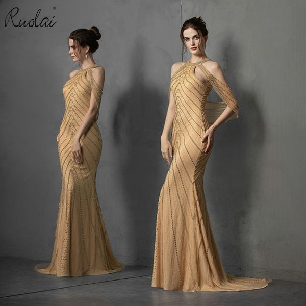 

luxury beading gold color beading evening dress halter mermaid dresses women long party gown vestidos de fiesta de noche, White;black