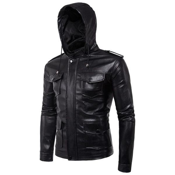 

2017 europe and america men locomotive hooded men's leather jacket coat amazon mock two-piece leather coat men's [code] european, Black