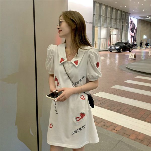 

casual dresses runway vintage strawberry embroidery white dress women's summer 2021 short puff sleeve turn down collar a-line, Black;gray