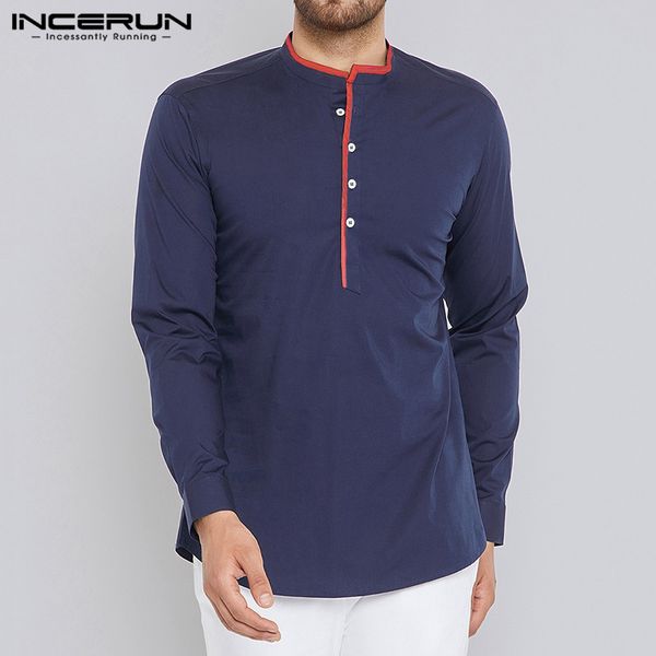 

incerun men shirt long sleeve stand collar fitness vintage brand streetwear casual shirts 2019 men clothes plus size, White;black