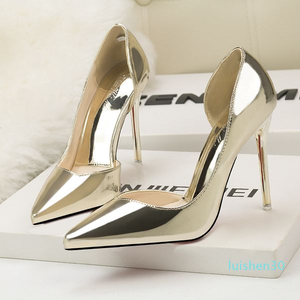 

leopard land pointed shoes stiletto hollow women's shoes metal surface shallow mouth simple women's banquet high heels zwm l30, Black