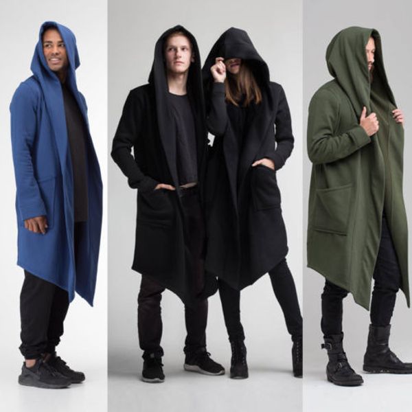 

fashon men women hooded coat 2018 new autumn winter warm solid pocket long cloak sci-fi kimono cardigan burning man costume 2xl, Tan;black