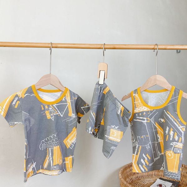 

ruoru childrens three-piece suit japanese single lycra cotton class a printed short-sleeved vest shorts combination home service, White