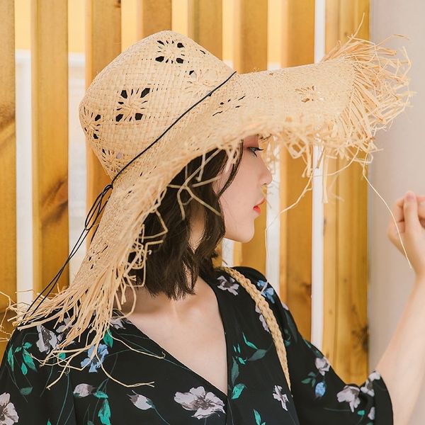 

burr big brim lafite sun female sunscreen straw straw summer holiday beach hat sunscreen all-match sun hat, Blue;gray
