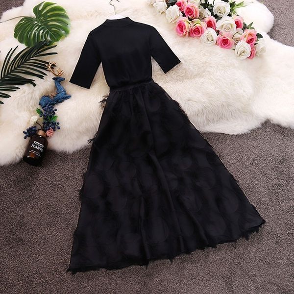 

taotrees women solid knit jumper +high waist tassel skirts suits black pullovers+mesh skirt two pieces set, White