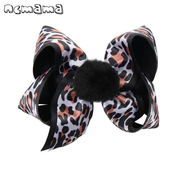 

ncmama 5'' leopard layered hair bows for girls with clips grosgrain ribbon pompom party kids hairgrips fashion hair accessories, Slivery;white