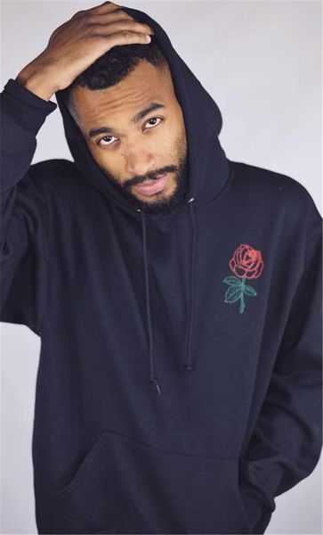 

spring couple embroidery hoodies rose pattern loose hiphop male flower hooded casual pullover boys sweatshirts, Black