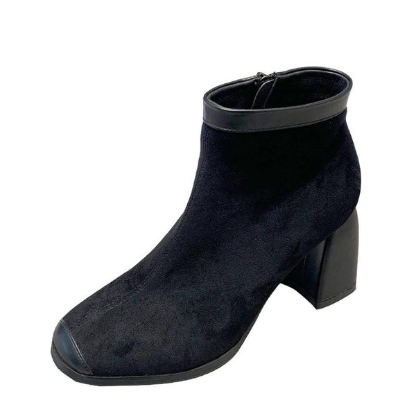 

women winter ankle length warm flock zipper classic high heels boots, Black