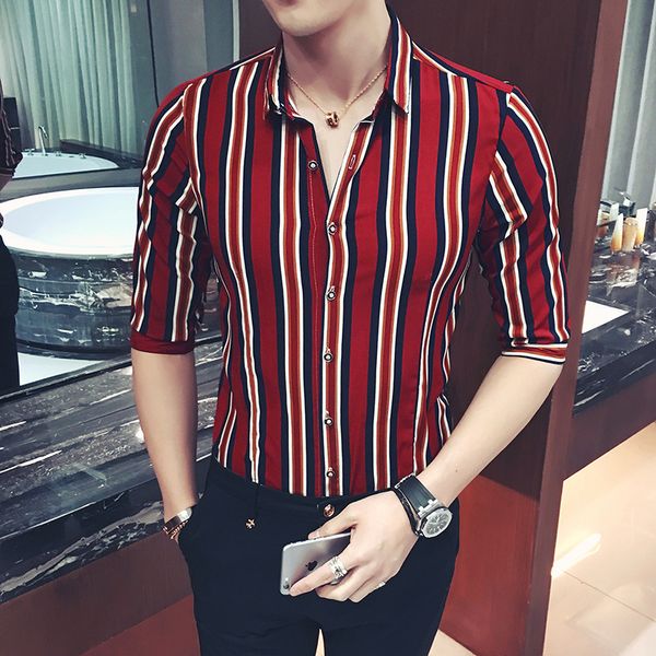 

mens fashion chiffon stripe shirts summer slim fit hip hop nightclub male shirts plus size, White;black