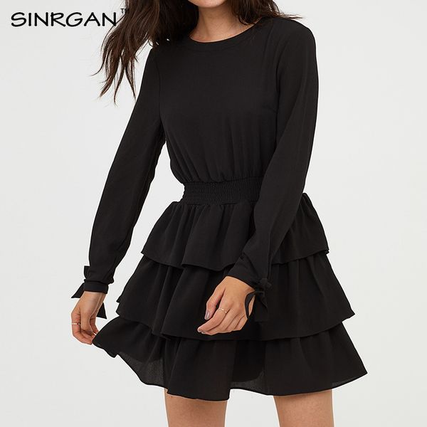 

sinrgan black solid backless mini party dress women a-line high waist round neck ruffle casual dress bow tie vestidos elegant, Black;gray