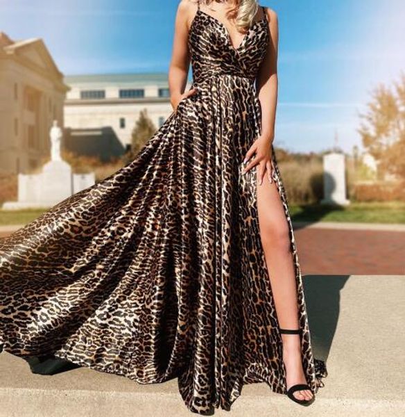 2020 New leopardo Vestidos Wear High Side Slit profundo decote em V Spaghetti formal do partido Prom Dress regresso a casa dama Mulheres Vestido