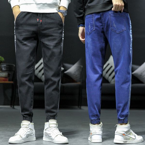 

мужская повседневная осень denim хлопок hip hop сыпучие работа длинные брюки резинка джинсы лодыжки брюки мужчин джинсы slim fit хлопок, Blue