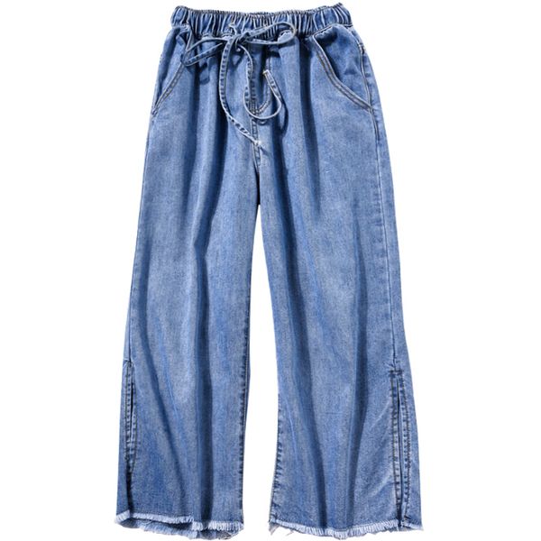 

women jeans high waist drawstring loose softener mom plus size female calf-length denim wide leg pants, Blue