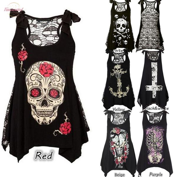 

ale summer plus size new women t-shirt skull print sleeveless tee shirt lace hollow out black female tee, White