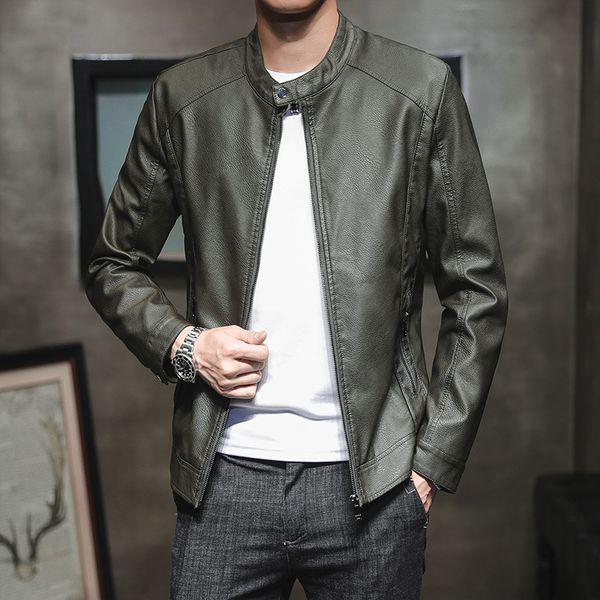 

2019 new men autumn leather jackets and fleece tide leisure locomotive pu leather collar fashion cultivate one's morality, Black