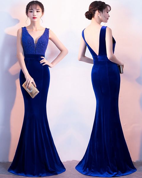 

custom made fishtail red evening dresses comfortable noble wine velvet collar length v handmade pearl sapphire blue party dresses, Black;red