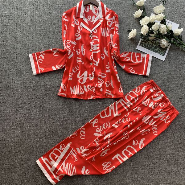 

imitate real silk printing pajamas women long sleeve ice silk pajama set soft sleepwear, Black;red