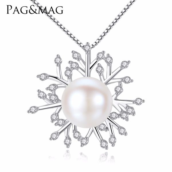 

pag&mag new classic clear zircon snowflake 925 sterling silver necklace white natural pearl brincos for women girl party gift