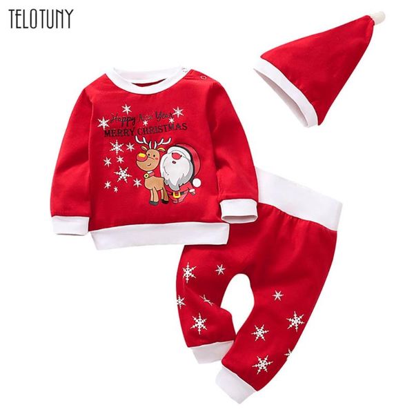 

telotuny 3pcs christmas newborn baby boys girls clothes santa claus print sweatshirt+pants+hat pajamas infant xmas costumes 1029, White
