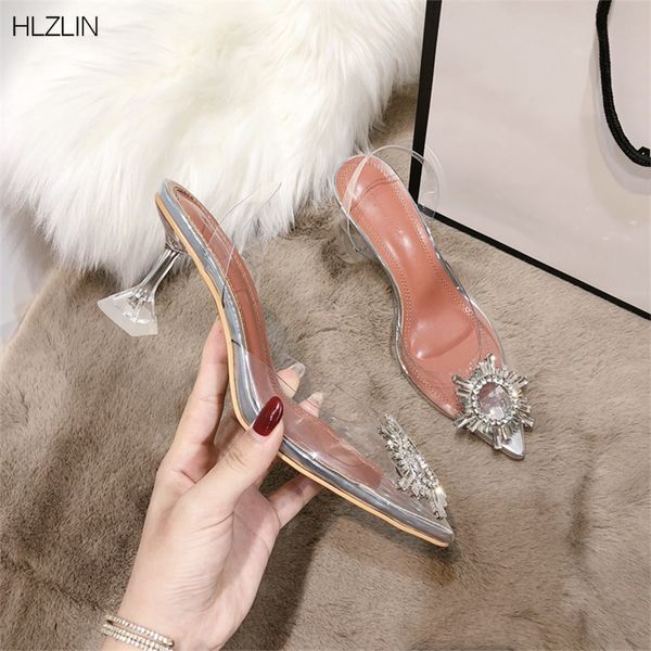 

2020 summer new women's transparent pvc rhinestone pointed buckle high-heeled sandals, Black