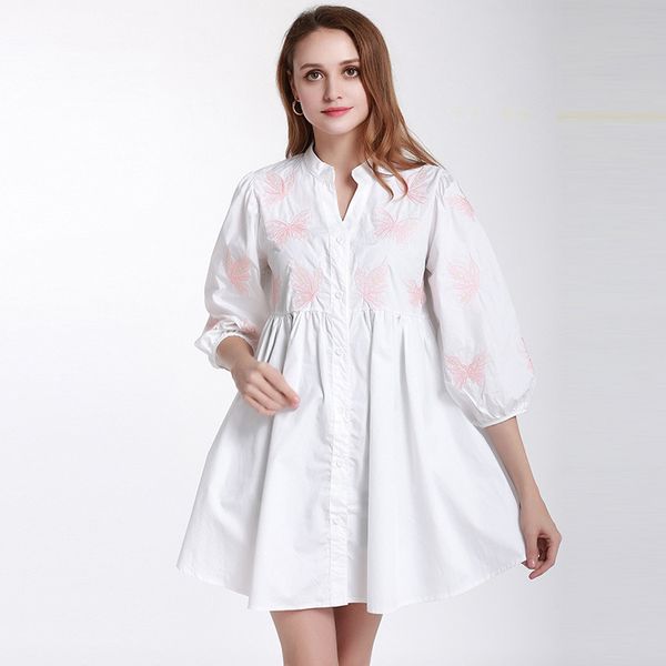 

womens designer loose large size shirt skirt autumn heavy embroidery seven-point sleeve national style dress femalemhii, Black;gray