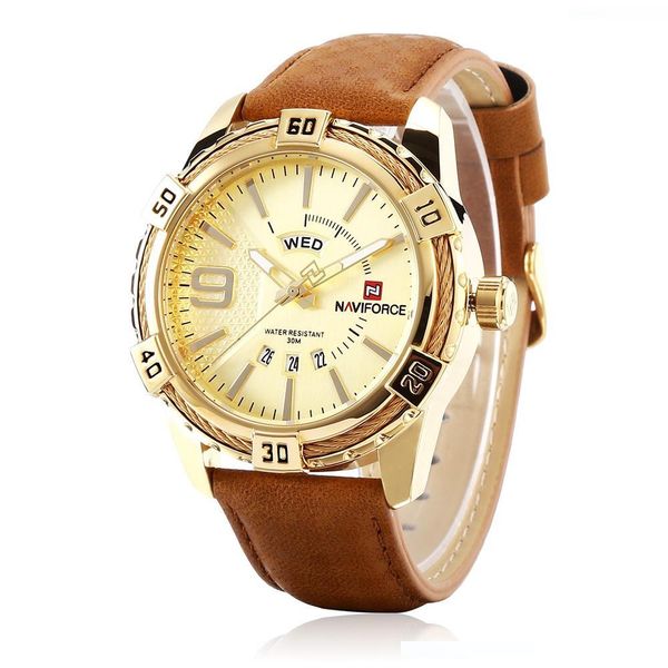 

naviforce men male watch water-resistance business leather strap quartz wristwatches with date week display, Slivery;brown