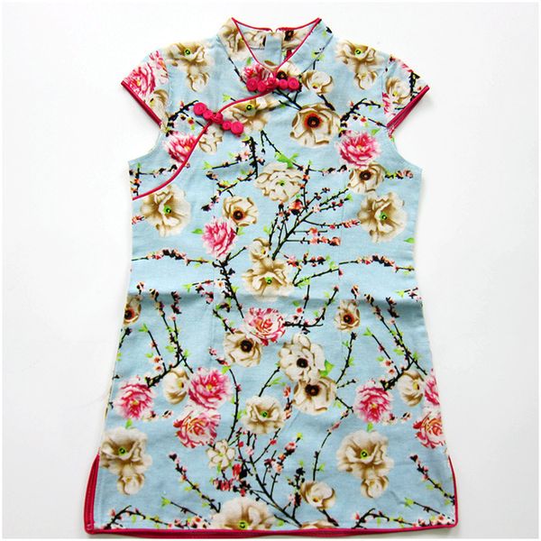 

chinese cotton cheongsam girl kid print floral qipao dresses, Red
