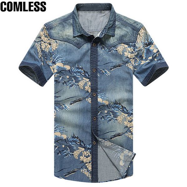 

2017 new denim shirt men short sleeve flower print shirts men's casual fashion design high-quality cow boy shirts plus size 5xl, White;black