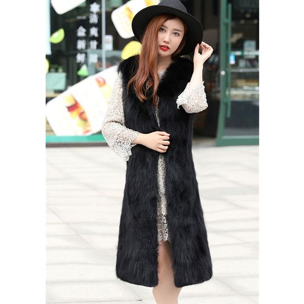 

x-long 100 cm natural raccoon dog fur waistcoats women v neck real fur vests female sleeveless jackets for autumn winter, Black