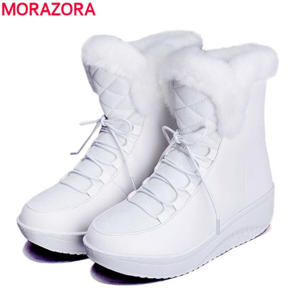 

morazora 2017 new russia winter snow boots thick fur inside platform shoes woman wedges heel women ankle boots female shoes, Black