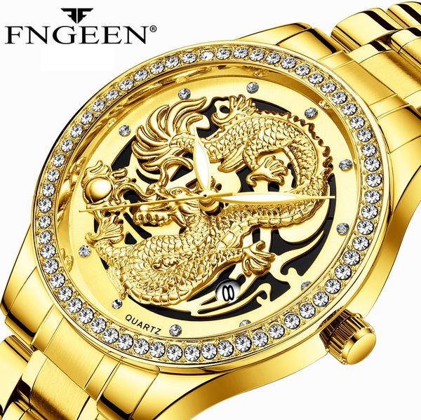 

new fashion 3d carving dragon men's quartz watches golden watch men calendar luminous male clock relogio masculino, Slivery;brown