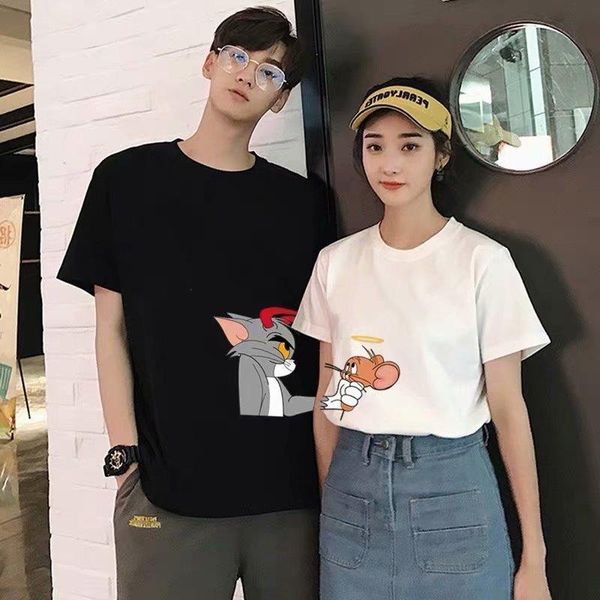 

2020 summer new couple clothes harajuku cat and mouse print t-shirt vogue loose o-neck casual male female t shirt, White;black