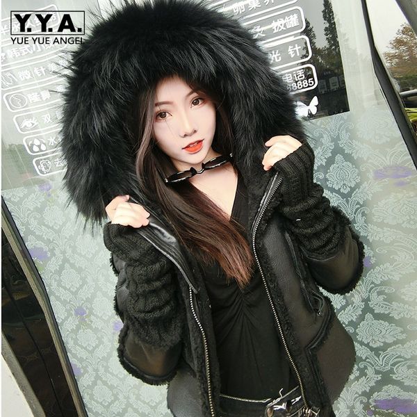 

luxury genuine leather wool fur trim hooded jacket women brand winter warm long sleeve real fur short coat shearling outwear, Black