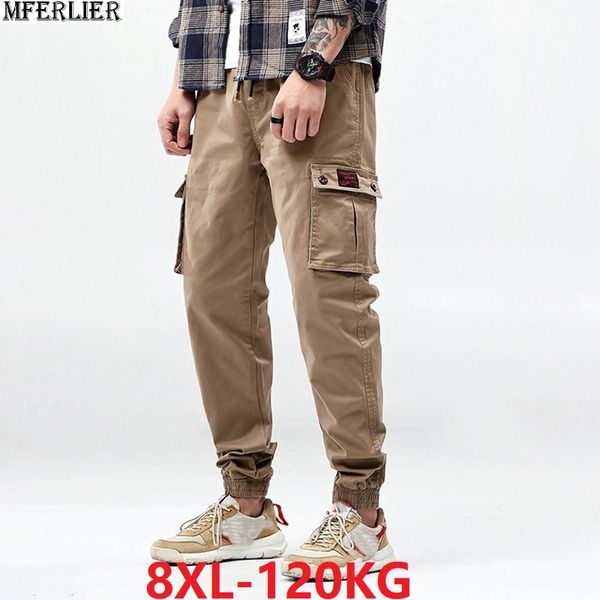 

plus size big 6xl 7xl 8xl men cargo pants high street pocket summer harem pants sports casual stretch khaki pencil cool 48, Black