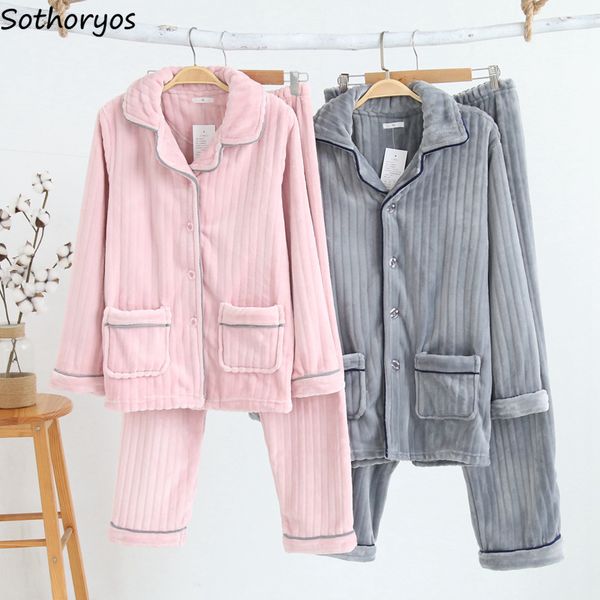 

pajama sets women winter 2018 flannel warm pockets v-neck simple pajamas womens korean soft elegant homewear 2 pieces set chic, Blue;gray