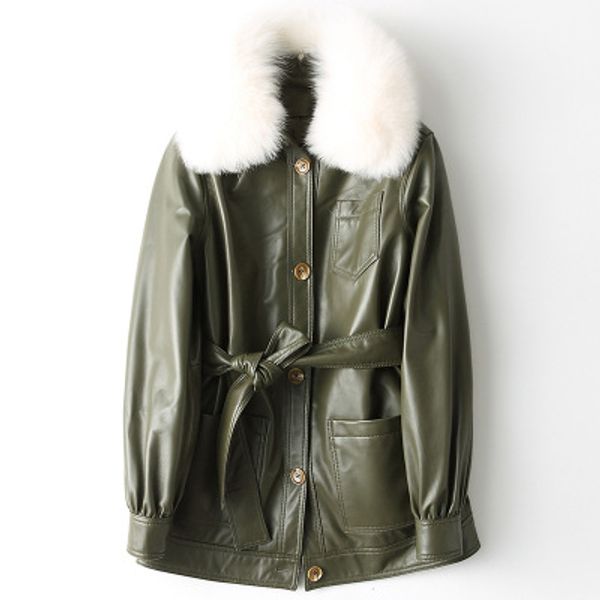

2019 new fashion fox fur collar genuine sheep leather jacket h2, Black