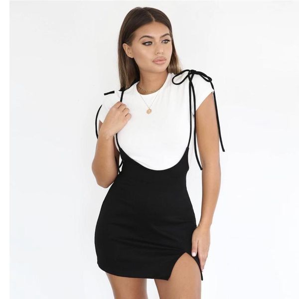 

autumn black women casual bandage sling adjustable shoulder strap side slit wrapped hips mini tight skirt slim high waist